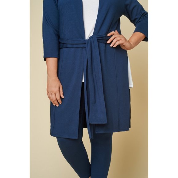 Seek No Further Plus Size- 3X Ponte Open Front Long Cardigan-Navy Nights - Picture 6 of 7